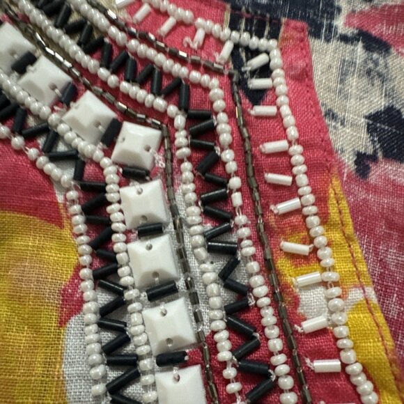 Charter Club Luxury top Women Medium 100% Linen‎ Floral Beaded V-Neck artisy - Picture 4 of 7